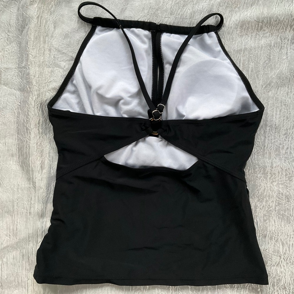 Black High Neck Keyhole Tankini Top Ruched Sides Adjustable Straps Size 17-18Y - Picture 3 of 7